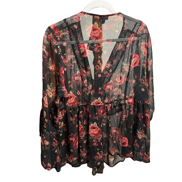 Torrid Top Blouse Black SemiSheer Red Rose Babydoll Chiffon Floral Size 0 L NWT - Picture 7 of 7